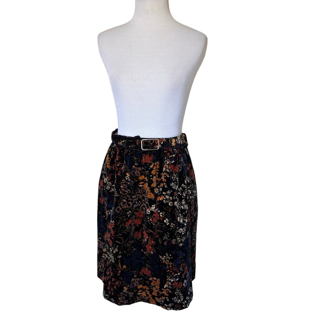Vintage 70s 80s Parsons Place Black Floral Velour Belted Midi Skirt